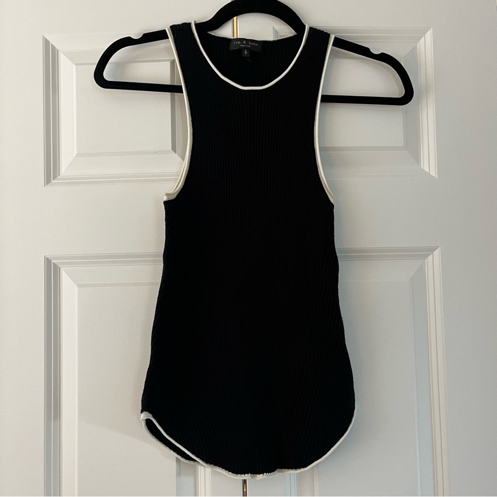 rag & bone Black Ribbed Racer Tank with White Piping